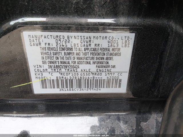 Aukcja sprzedaży 2022 Nissan Sentra Sv Xtronic Cvt, vin: 3N1AB8CV3NY299424, numer aukcji: 44953173