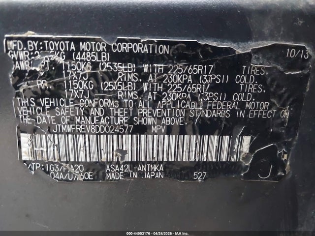 44953176 :رقم المزاد ، JTMWFREV8DD024577 vin ، 2013 Toyota Rav4 Xle مزاد بيع