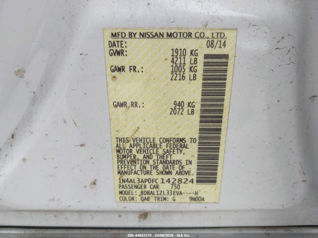 44953178 :رقم المزاد ، 1N4AL3AP0FC142824 vin ، 2015 Nissan Altima 2.5 Sv مزاد بيع