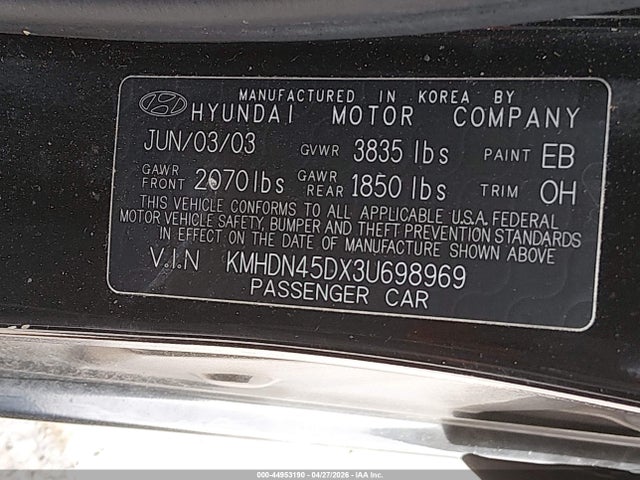 2003 Hyundai Elantra Gls/gt მანქანა იყიდება აუქციონზე, vin: KMHDN45DX3U698969, აუქციონის ნომერი: 44953190