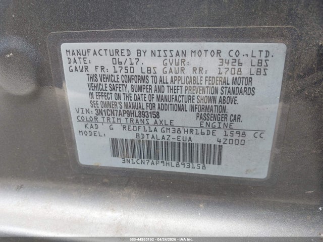 3N1CN7AP9HL893158 Nissan Versa 1.6 S+