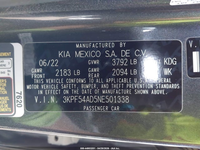 2022 Kia Forte Gt-line მანქანა იყიდება აუქციონზე, vin: 3KPF54AD5NE501338, აუქციონის ნომერი: 44953201