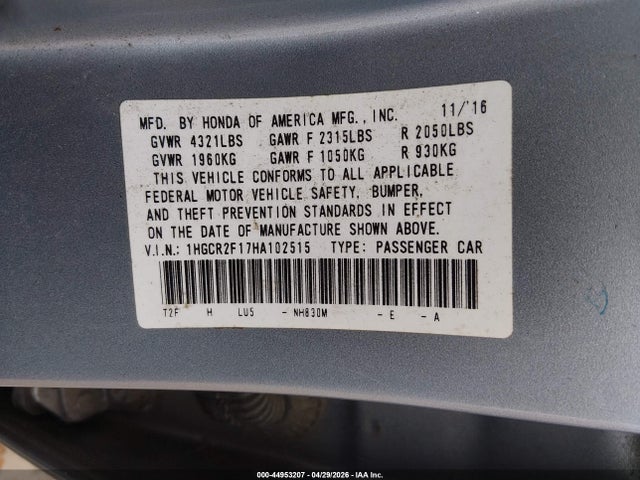 2017 Honda Accord Sport Se მანქანა იყიდება აუქციონზე, vin: 1HGCR2F17HA102515, აუქციონის ნომერი: 44953207