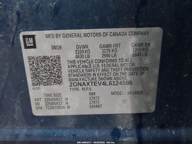 2020 Chevrolet Equinox Awd 2fl მანქანა იყიდება აუქციონზე, vin: 2GNAXTEV4L6124586, აუქციონის ნომერი: 44953217