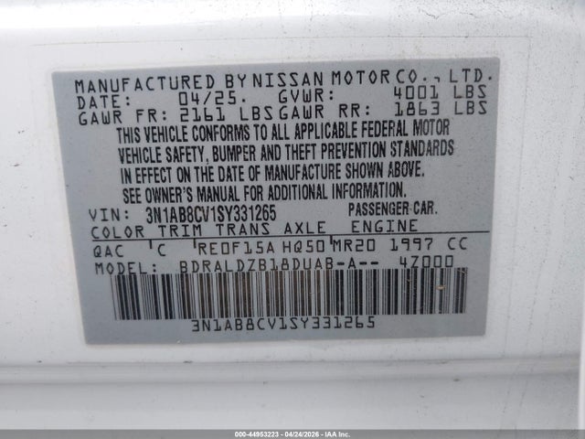 Aukcja sprzedaży 2025 Nissan Sentra Sv, vin: 3N1AB8CV1SY331265, numer aukcji: 44953223