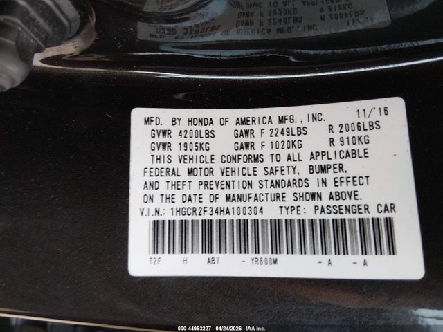44953227 :رقم المزاد ، 1HGCR2F34HA100304 vin ، 2017 Honda Accord Lx مزاد بيع
