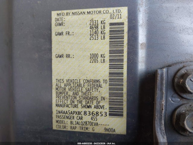 2011 Nissan Maxima 3.5 S მანქანა იყიდება აუქციონზე, vin: 1N4AA5APXBC836853, აუქციონის ნომერი: 44953235