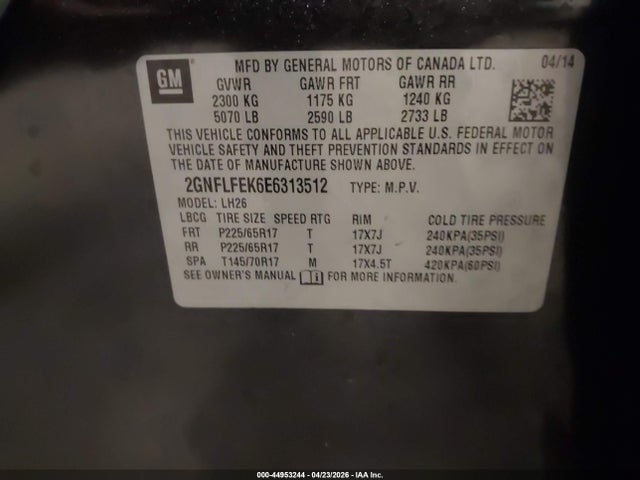 44953244 :رقم المزاد ، 2GNFLFEK6E6313512 vin ، 2014 Chevrolet Equinox 1lt مزاد بيع