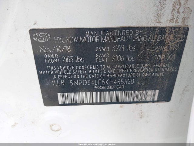Aukcja sprzedaży 2019 Hyundai Elantra Sel, vin: 5NPD84LF8KH435520, numer aukcji: 44953254