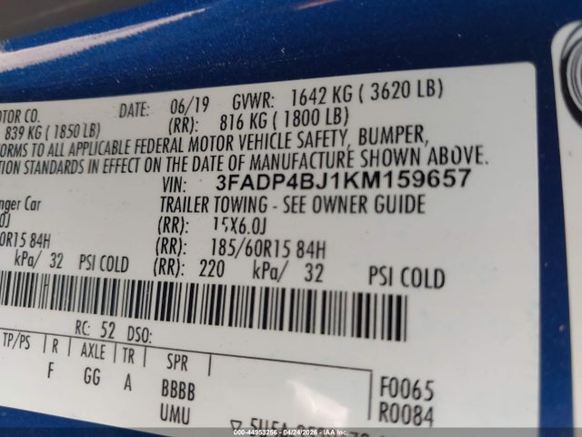Продаж на аукціоні авто 2019 Ford Fiesta Se, vin: 3FADP4BJ1KM159657, номер лоту: 44953256