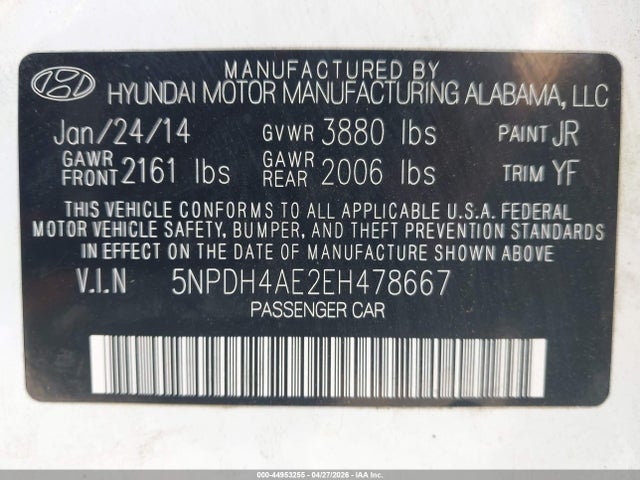 Продаж на аукціоні авто 2014 Hyundai Elantra Se, vin: 5NPDH4AE2EH478667, номер лоту: 44953255