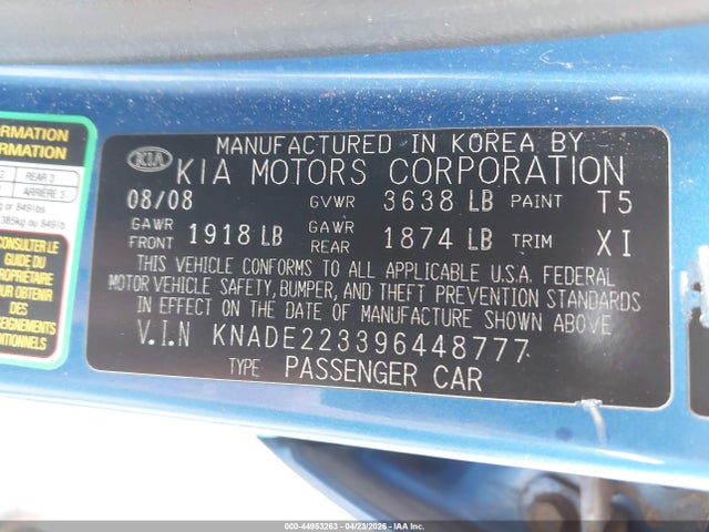 44953263 :رقم المزاد ، KNADE223396448777 vin ، 2009 Kia Rio Lx مزاد بيع