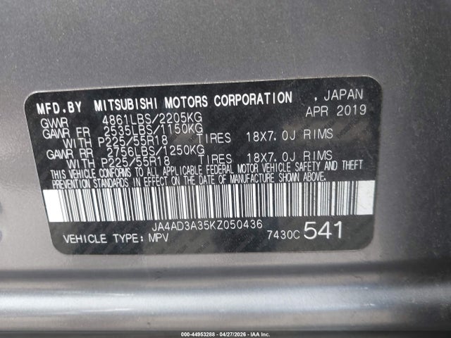 Продаж на аукціоні авто 2019 Mitsubishi Outlander Se, vin: JA4AD3A35KZ050436, номер лоту: 44953288