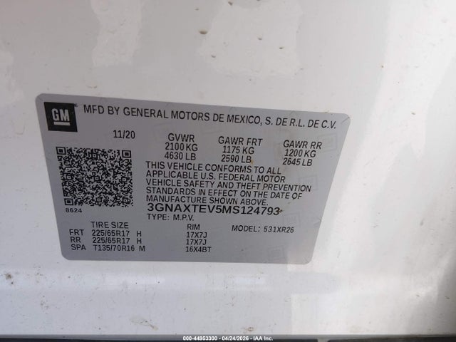 2021 Chevrolet Equinox Awd 2fl მანქანა იყიდება აუქციონზე, vin: 3GNAXTEV5MS124793, აუქციონის ნომერი: 44953300