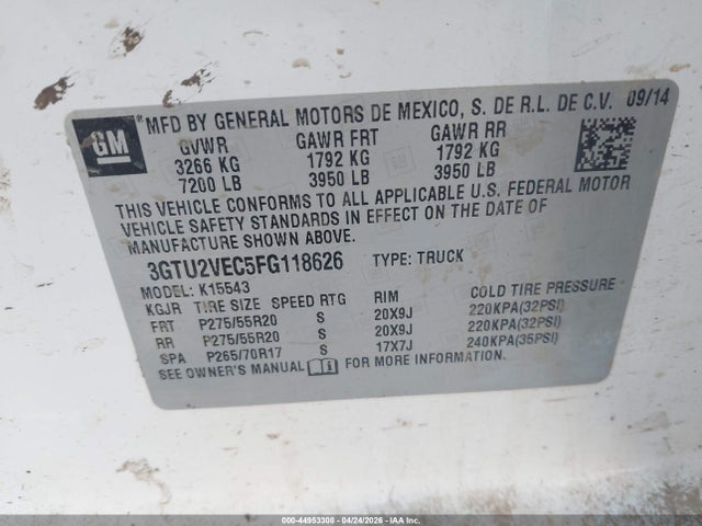 Продаж на аукціоні авто 2015 Gmc Sierra 1500 Slt, vin: 3GTU2VEC5FG118626, номер лоту: 44953308