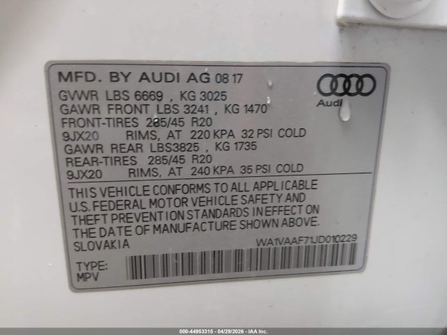 Aukcja sprzedaży 2018 Audi Q7 3.0t Premium, vin: WA1VAAF71JD010229, numer aukcji: 44953315