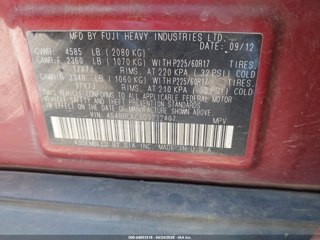Auction sale of the 2013 Subaru Outback 2.5i Limited, vin: 4S4BRCKC5D3232407, lot number: 44953316