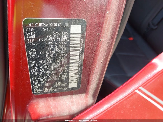 44953317 :رقم المزاد ، JN8AF5MR0CT116847 vin ، 2012 Nissan Juke Sl مزاد بيع