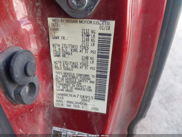 2018 Nissan Frontier S მანქანა იყიდება აუქციონზე, vin: 1N6BD0CT6JN738955, აუქციონის ნომერი: 44953318