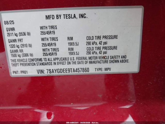 44953341 :رقم المزاد ، 7SAYGDEE9TA457860 vin ، 2026 Tesla Model Y All-wheel Drive/long Range Launch Series/premium All-wheel Drive مزاد بيع