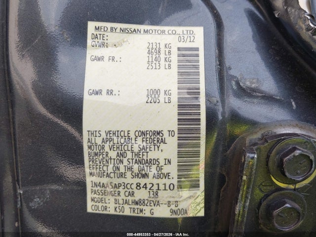 Aukcja sprzedaży 2012 Nissan Maxima 3.5 Sv, vin: 1N4AA5AP3CC842110, numer aukcji: 44953353