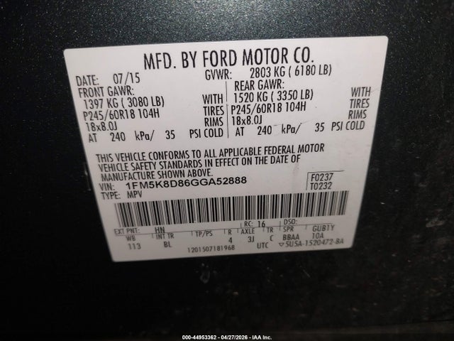 44953362 :رقم المزاد ، 1FM5K8D86GGA52888 vin ، 2016 Ford Explorer Xlt مزاد بيع
