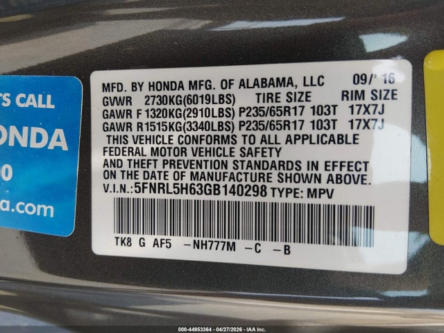 44953364 :رقم المزاد ، 5FNRL5H63GB140298 vin ، 2016 Honda Odyssey Ex-l مزاد بيع