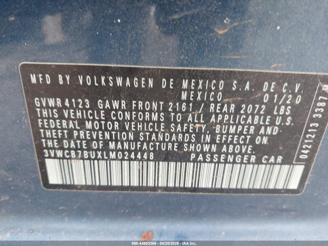 44953366 :رقم المزاد ، 3VWCB7BUXLM024448 vin ، 2020 Volkswagen Jetta 1.4t R-line/1.4t S/1.4t Se مزاد بيع