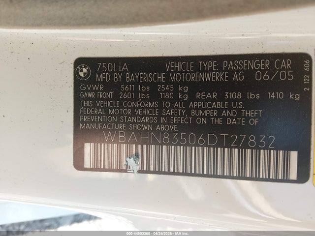 Продаж на аукціоні авто 2006 Bmw 750li, vin: WBAHN83506DT27832, номер лоту: 44953368