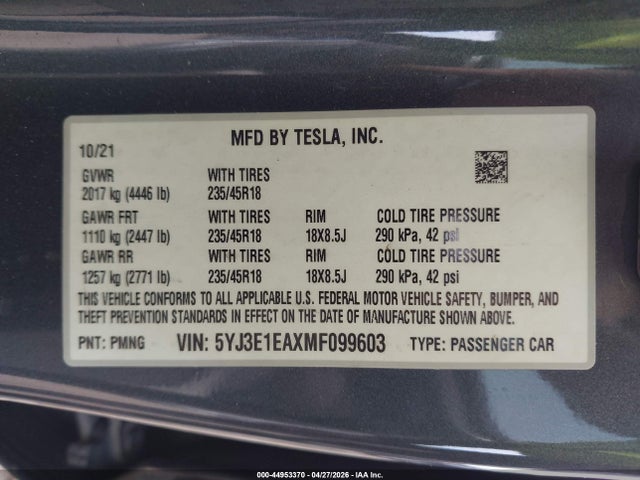 Aukcja sprzedaży 2021 Tesla Model 3 Standard Range Plus Rear-wheel Drive, vin: 5YJ3E1EAXMF099603, numer aukcji: 44953370