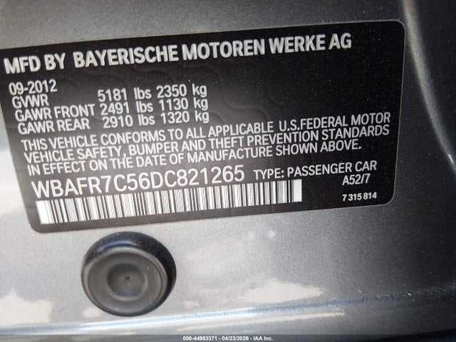 2013 Bmw 535i მანქანა იყიდება აუქციონზე, vin: WBAFR7C56DC821265, აუქციონის ნომერი: 44953371