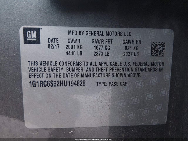 44953375 :رقم المزاد ، 1G1RC6S52HU194828 vin ، 2017 Chevrolet Volt Lt مزاد بيع