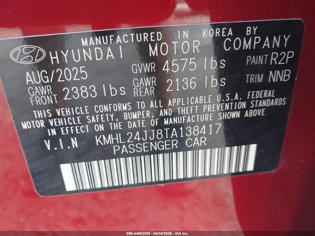 2026 Hyundai Sonata Hybrid Blue მანქანა იყიდება აუქციონზე, vin: KMHL24JJ8TA138417, აუქციონის ნომერი: 44953380