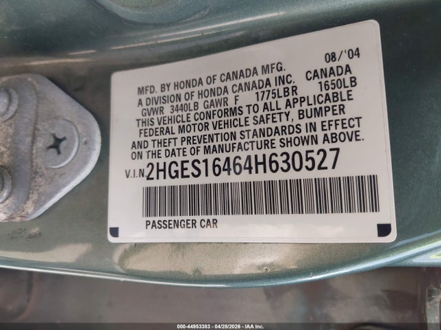 44953383 :رقم المزاد ، 2HGES16464H630527 vin ، 2004 Honda Civic Vp مزاد بيع