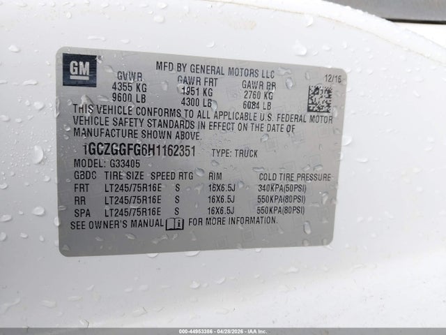 Продаж на аукціоні авто 2017 Chevrolet Express 3500 Work Van, vin: 1GCZGGFG6H1162351, номер лоту: 44953386