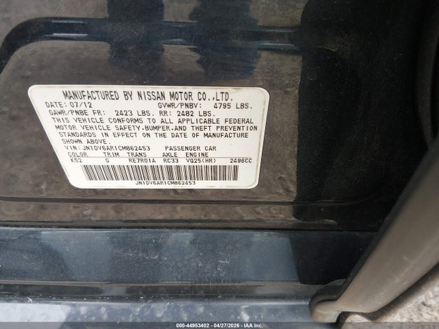 44953402 :رقم المزاد ، JN1DV6AR1CM862453 vin ، 2012 Infiniti G25x مزاد بيع