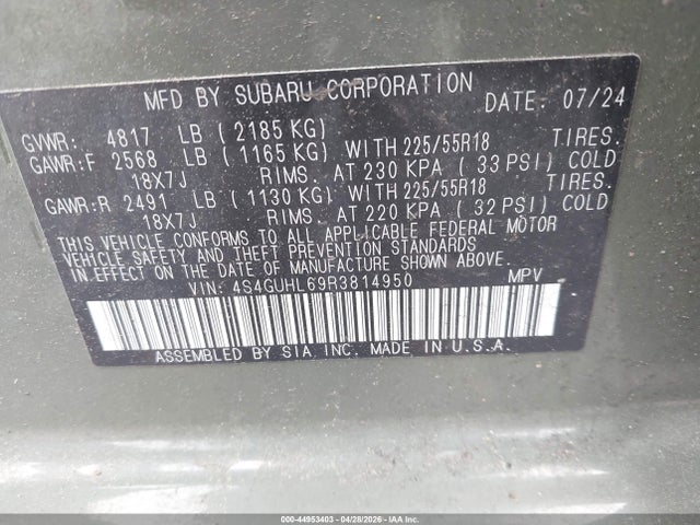 Aukcja sprzedaży 2024 Subaru Crosstrek Limited, vin: 4S4GUHL69R3814950, numer aukcji: 44953403