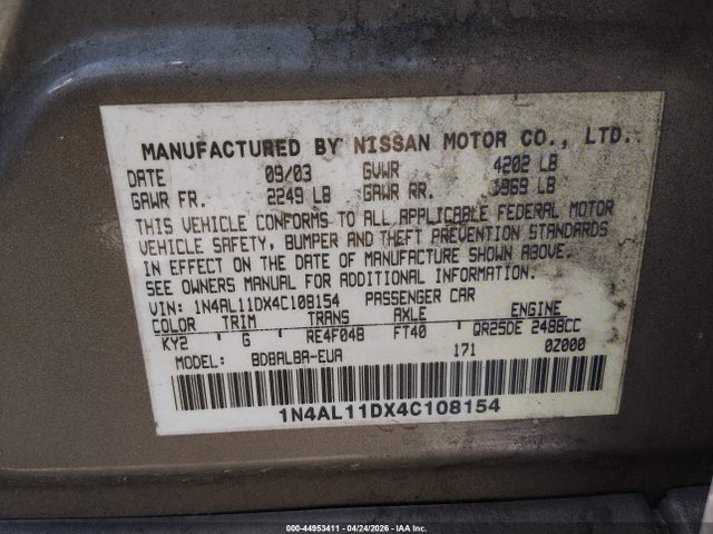 Aukcja sprzedaży 2004 Nissan Altima 2.5/2.5 S/2.5 Sl, vin: 1N4AL11DX4C108A54, numer aukcji: 44953411