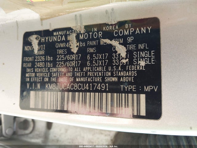 44953417 :رقم المزاد ، KM8JUCAC8CU417491 vin ، 2012 Hyundai Tucson Gls مزاد بيع