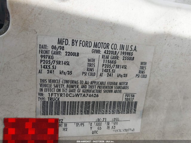 44953427 :رقم المزاد ، 1FTYR10C3WTA74626 vin ، 1998 Ford Ranger Splash/xl/xlt مزاد بيع