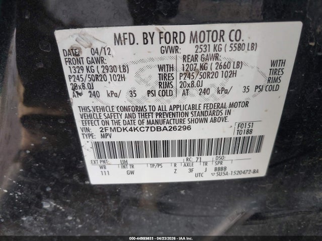 2013 Ford Edge Limited მანქანა იყიდება აუქციონზე, vin: 2FMDK4KC7DBA26296, აუქციონის ნომერი: 44953431