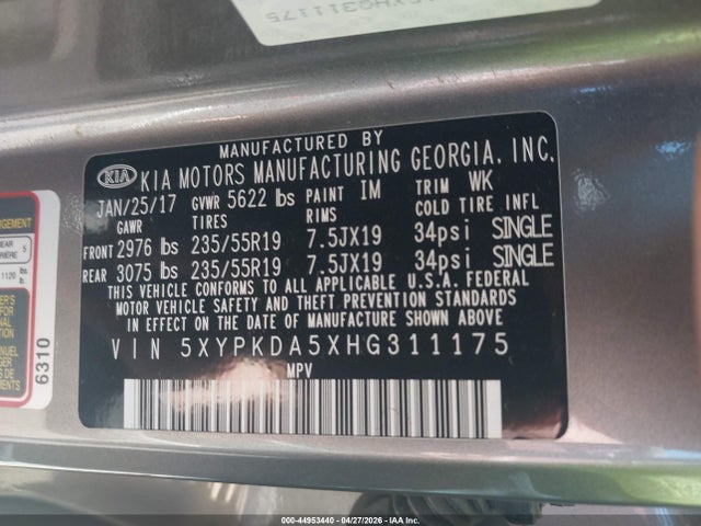 Aukcja sprzedaży 2017 Kia Sorento 3.3l Sx, vin: 5XYPKDA5XHG311175, numer aukcji: 44953440
