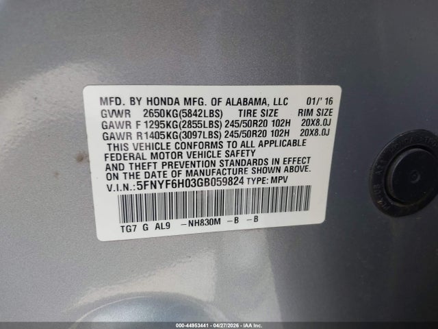 5FNYF6H03GB059824 Honda Pilot Elite