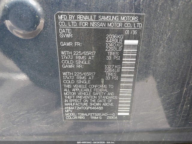 44953442 :رقم المزاد ، KNMAT2MT0GP646488 vin ، 2016 Nissan Rogue S مزاد بيع