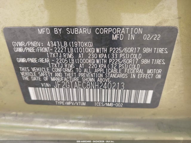 Продаж на аукціоні авто 2022 Subaru Crosstrek Premium, vin: JF2GTAEC8NH240213, номер лоту: 44953460