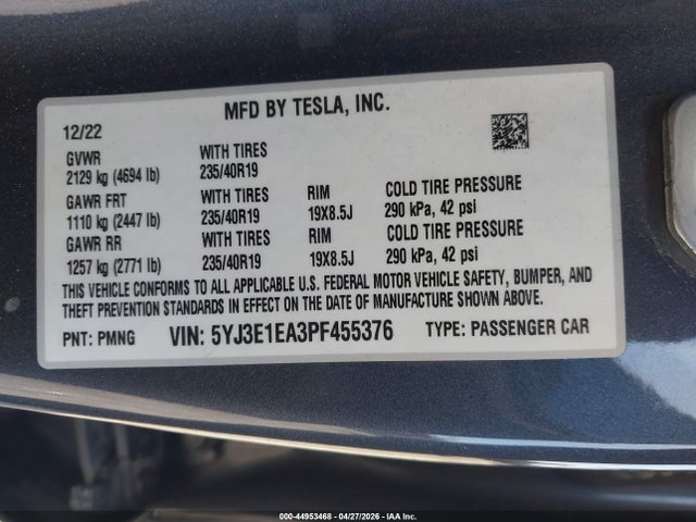 Aukcja sprzedaży 2023 Tesla Model 3 Rear-wheel Drive, vin: 5YJ3E1EA3PF455376, numer aukcji: 44953468