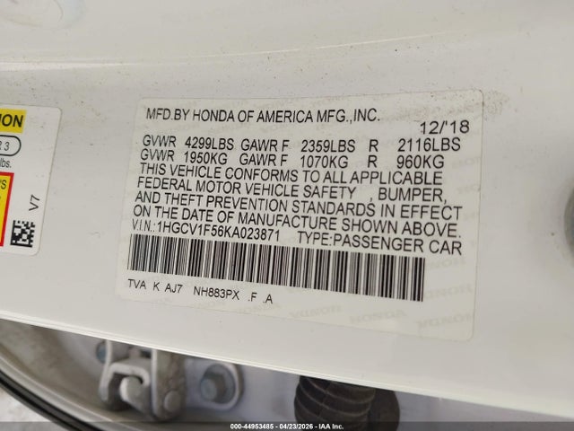 Aukcja sprzedaży 2019 Honda Accord Ex-l, vin: 1HGCV1F56KA023871, numer aukcji: 44953485