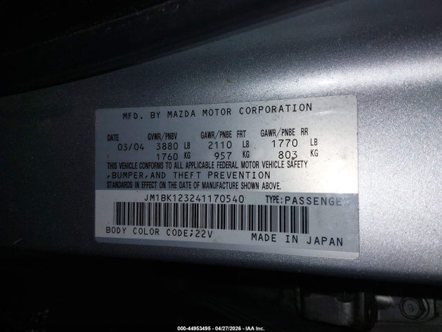 Aukcja sprzedaży 2004 Mazda Mazda3 S, vin: JM1BK123241170540, numer aukcji: 44953495