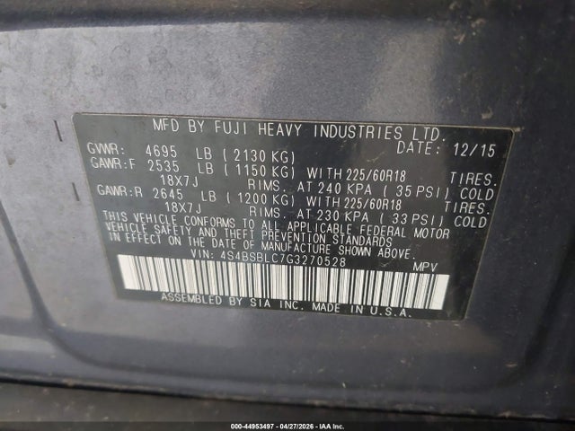 44953497 :رقم المزاد ، 4S4BSBLC7G3270528 vin ، 2016 Subaru Outback 2.5i Limited مزاد بيع