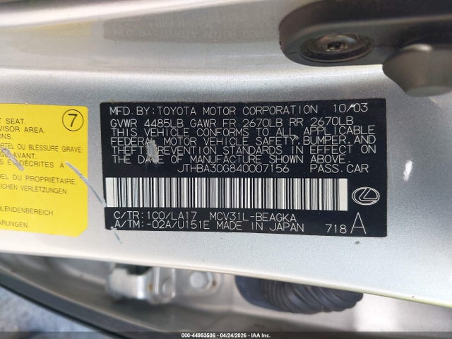 44953506 :رقم المزاد ، JTHBA30G840007156 vin ، 2004 Lexus Es 330 مزاد بيع